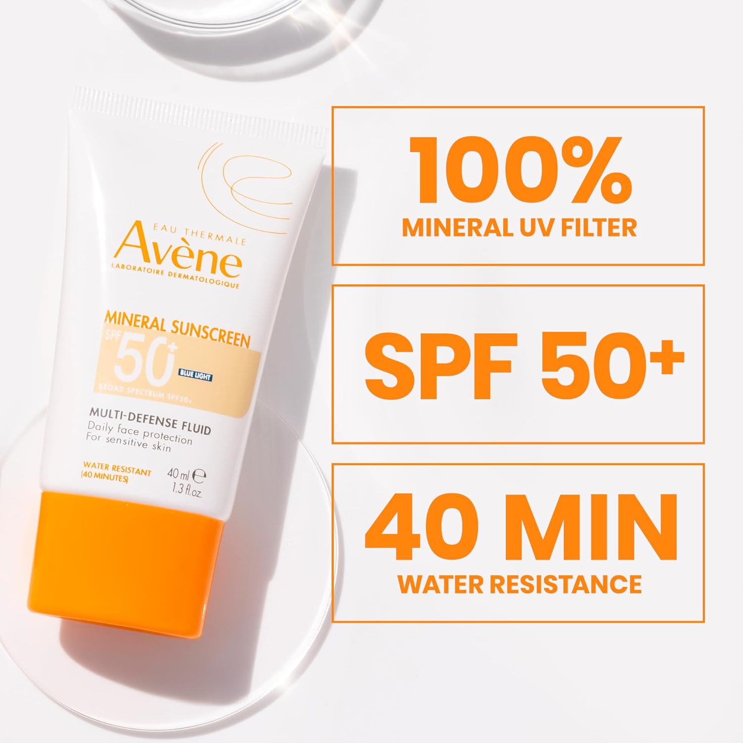 Avène Mineral Sunscreen Multi-Defense Fluid Tinted SPF 50+, Clean Formula Sunscreen for Sensitive Skin, Reef Friendly, Tint, Non-Whitening, Antioxidant Protection, 1.3 Fl Oz