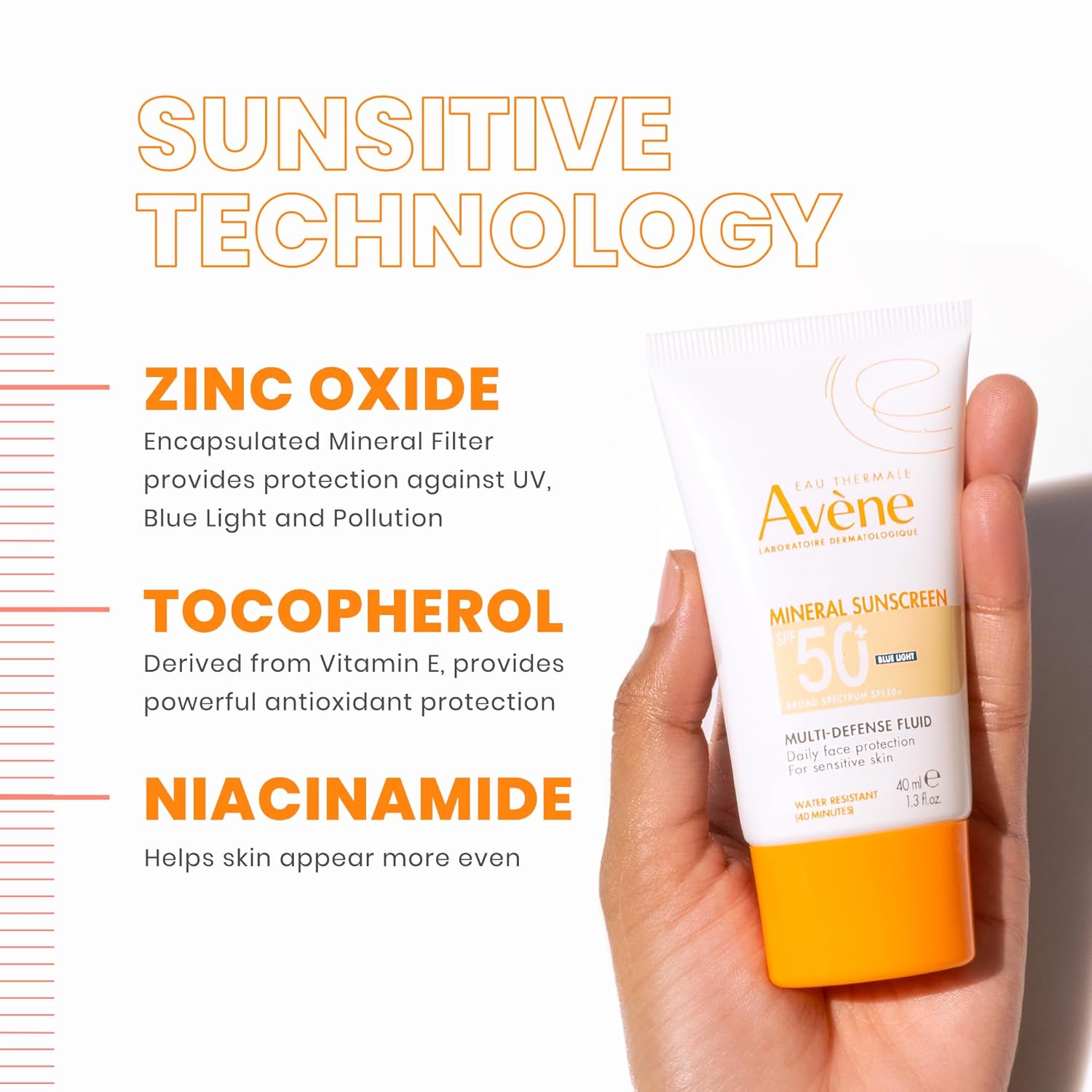 Avène Mineral Sunscreen Multi-Defense Fluid Tinted SPF 50+, Clean Formula Sunscreen for Sensitive Skin, Reef Friendly, Tint, Non-Whitening, Antioxidant Protection, 1.3 Fl Oz