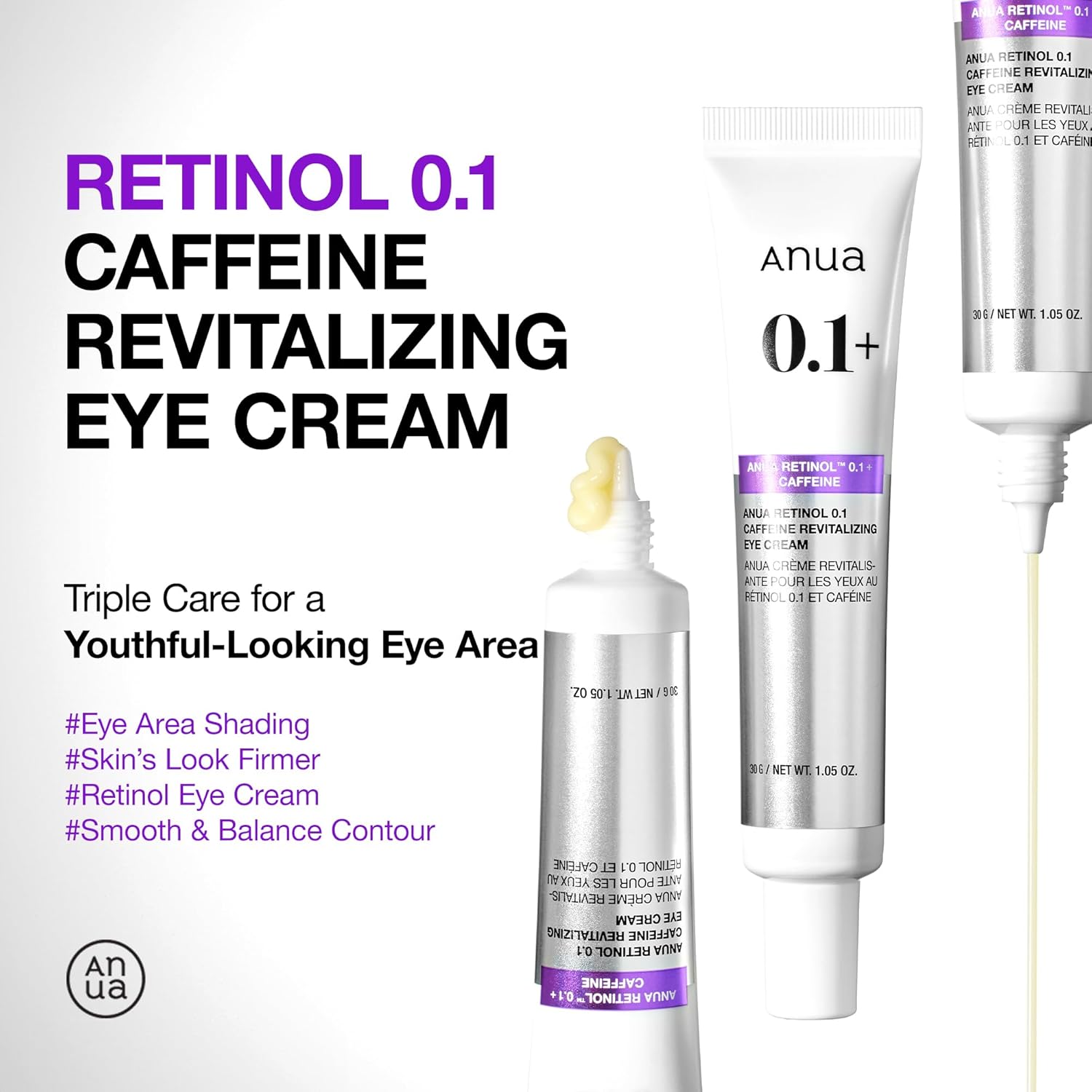 Anua Retinol 0.1 Caffeine Revitalizing Eye Cream, Lightweight Formula for Dark Circles & Puffiness, Hydrating for Sensitive Skin, Korean Skincare,1.05 fl oz