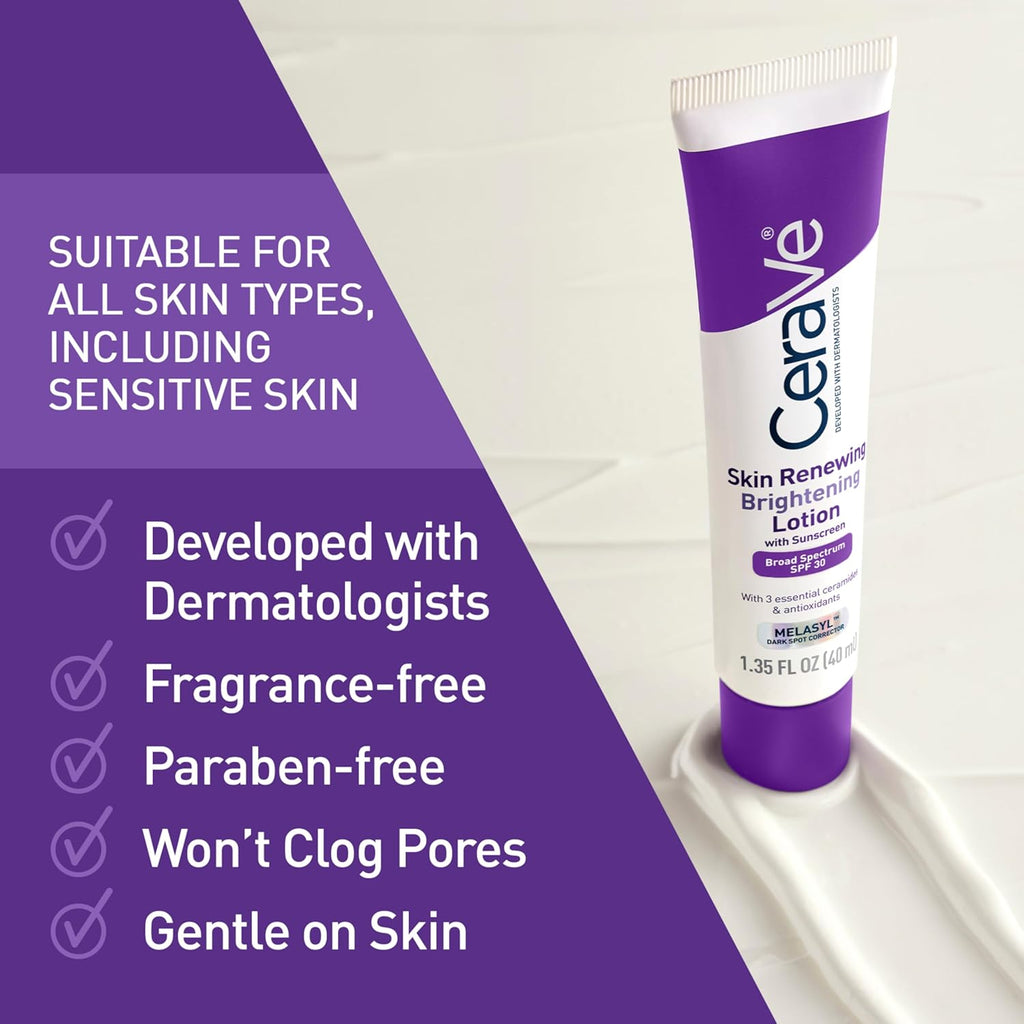 CeraVe Skin Renewing Brightening Lotion SPF 30, Anti Aging Facial Moisturizer Hydrates, Brightens and Evens Skin Tone, Contains Ceramides + Niacinamide + Antioxidants, Fragrance-Free, 1.35 fl oz