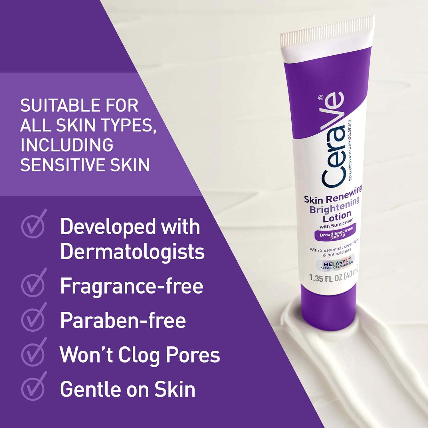 CeraVe Skin Renewing Brightening Lotion SPF 30, Anti Aging Facial Moisturizer Hydrates, Brightens and Evens Skin Tone, Contains Ceramides + Niacinamide + Antioxidants, Fragrance-Free, 1.35 fl oz