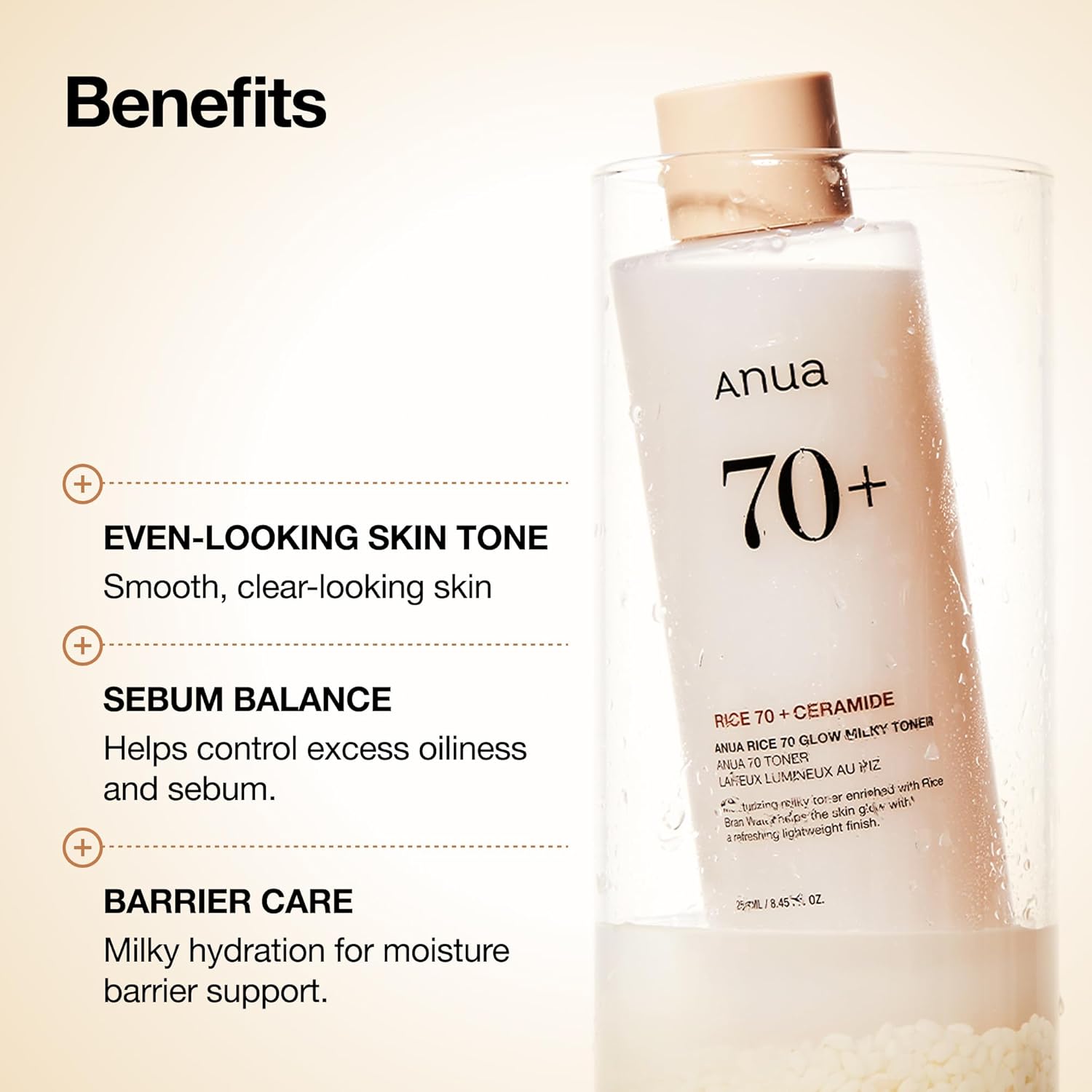 Anua Rice 70 Glow Milky Toner, Glass & Dewy Skin, Hydrating & Barrier Care, Rice Water, Niacinamide, Ceramides, All Skin Types, Fragrance-Free, Non Comedogenic, Korean Skincare, 8.45 fl.oz.