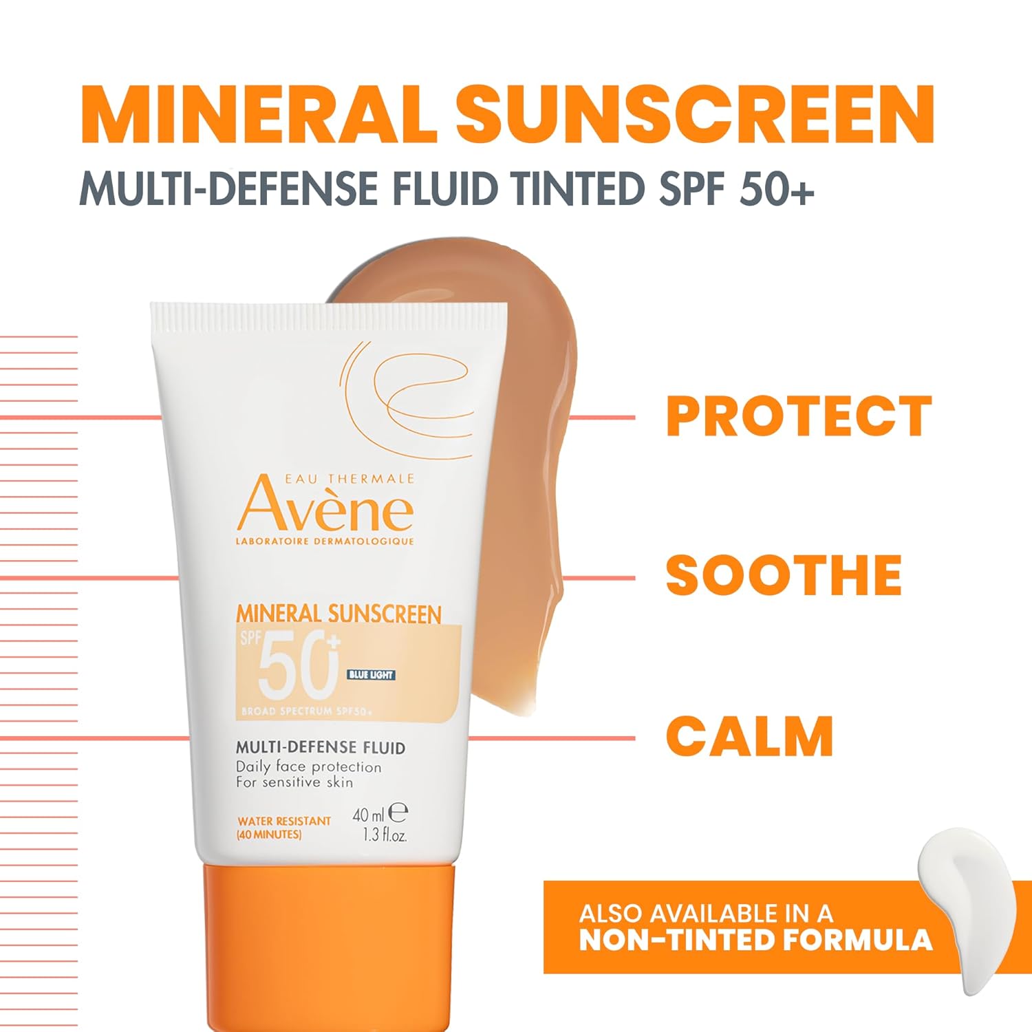 Avène Mineral Sunscreen Multi-Defense Fluid Tinted SPF 50+, Clean Formula Sunscreen for Sensitive Skin, Reef Friendly, Tint, Non-Whitening, Antioxidant Protection, 1.3 Fl Oz