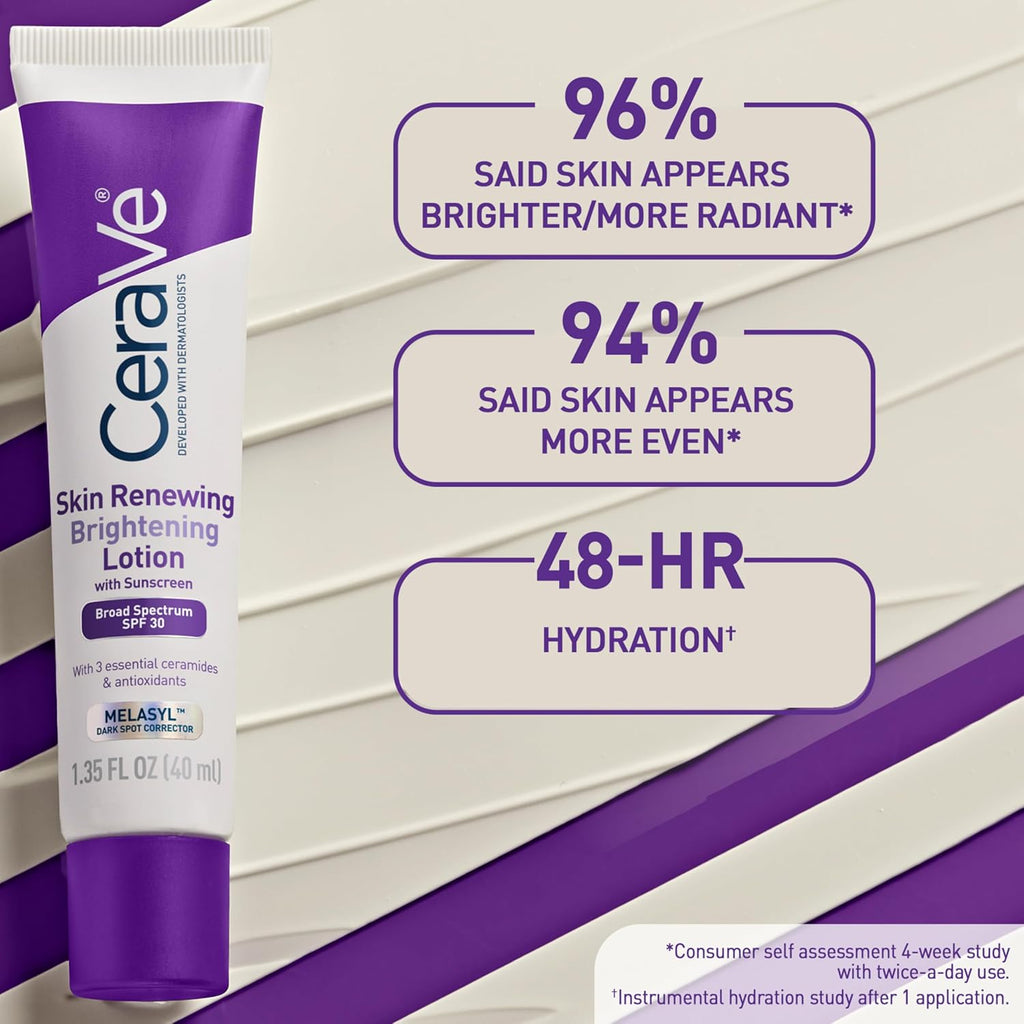 CeraVe Skin Renewing Brightening Lotion SPF 30, Anti Aging Facial Moisturizer Hydrates, Brightens and Evens Skin Tone, Contains Ceramides + Niacinamide + Antioxidants, Fragrance-Free, 1.35 fl oz